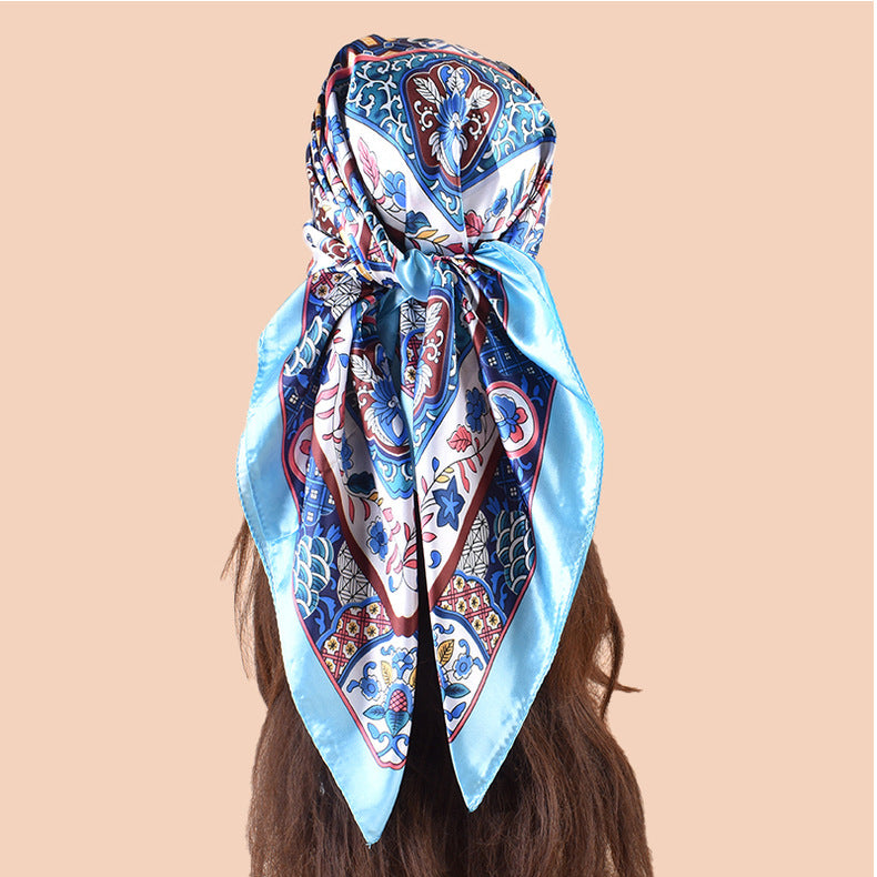 Spring new fashion big shawl simulation silk plant flower printing silk scarf head scarf 90 color square scarf