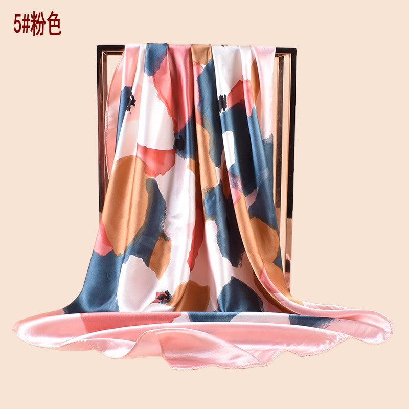 Spring new fashionable versatile large shawl simulation silk color graffiti printing silk scarf head scarf 90cm-color diced square scarf