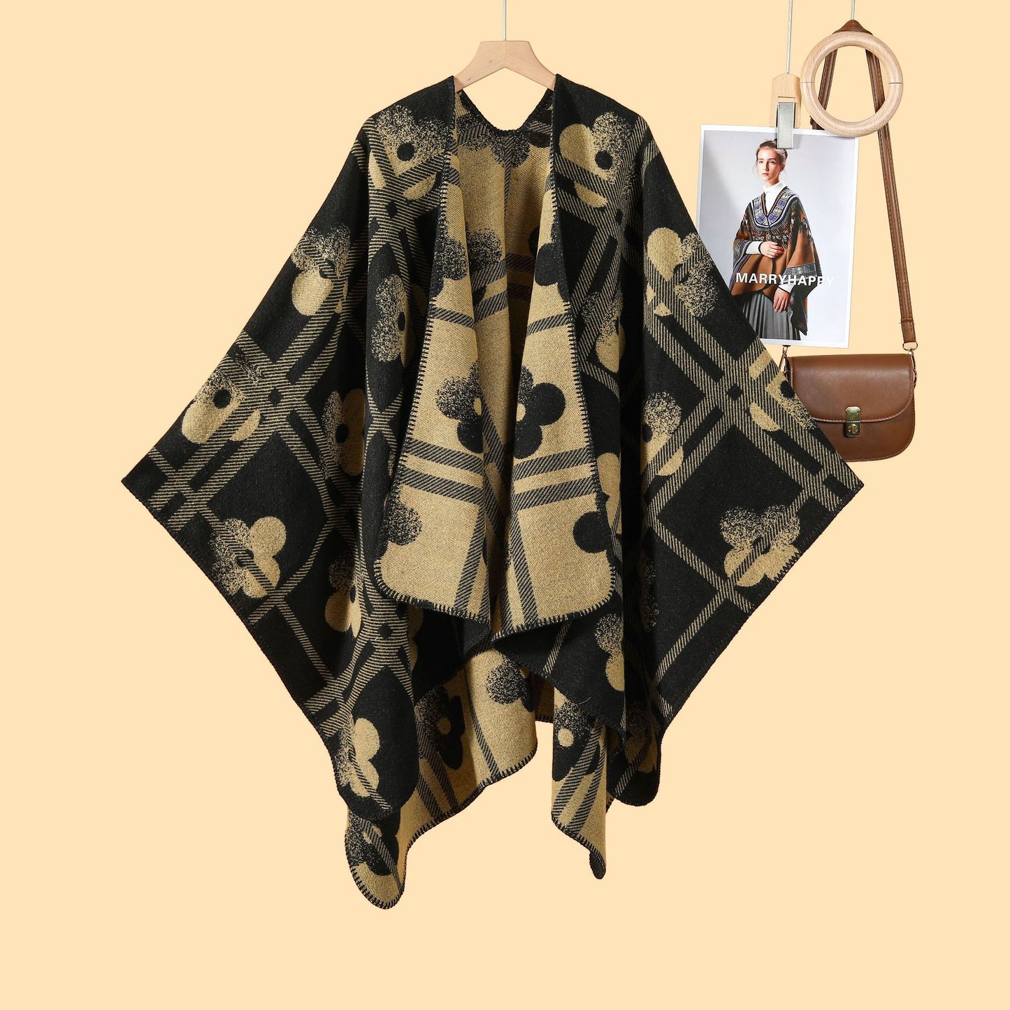 Autumn and winter new plaid plum blossom thickened warm shawl cape women's European and American street fashion catwalk outside cardigan