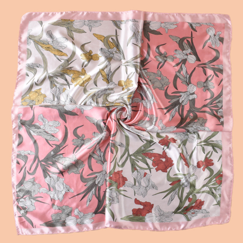 2025 new 90-satin plain and elegant orchid versatile printed square scarf with sunscreen, bag head silk scarf decoration, scarf