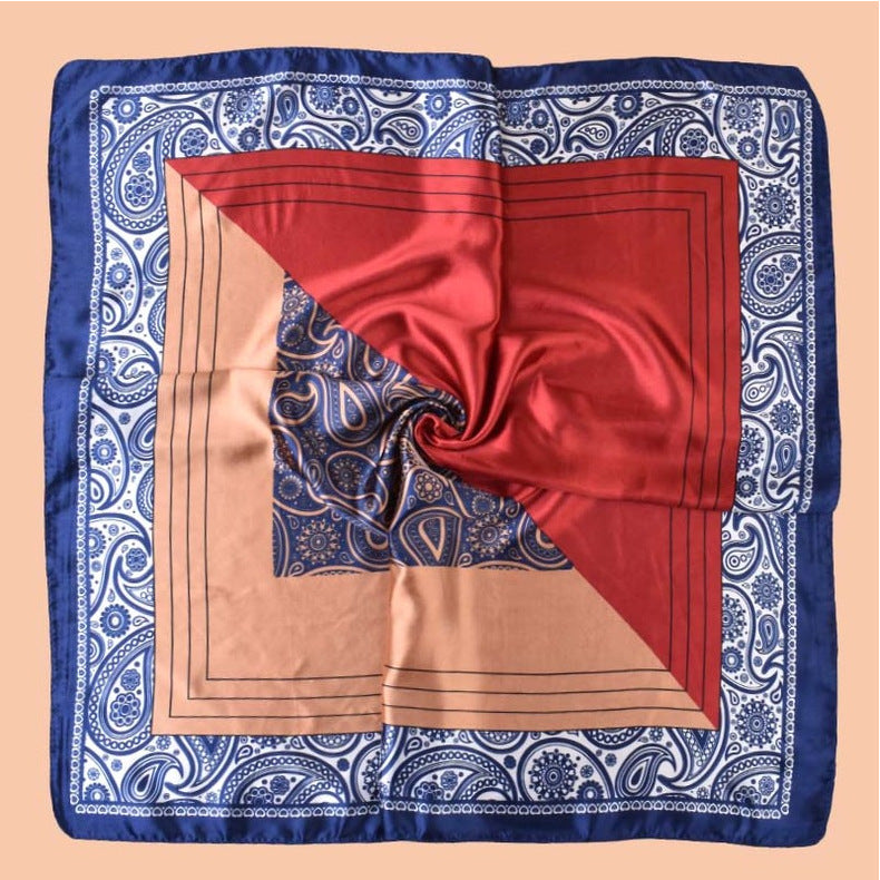 2025 new 90-satin color matching cashew nut flower printing square scarf with sunscreen, bag head silk scarf decoration, scarf