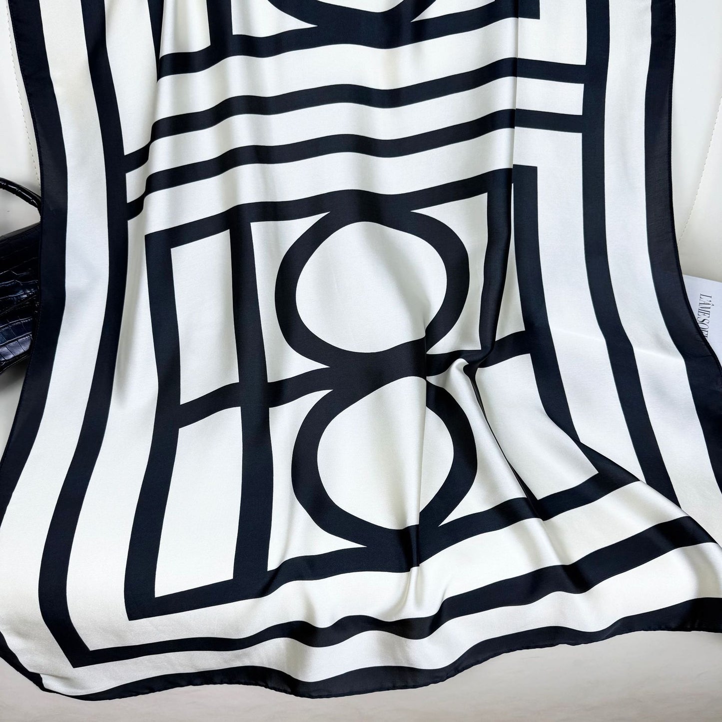 Simple classic black and white square simulation silk long silk scarf, Korean version of fashionable and versatile outer shawl, women's scarf headscarf