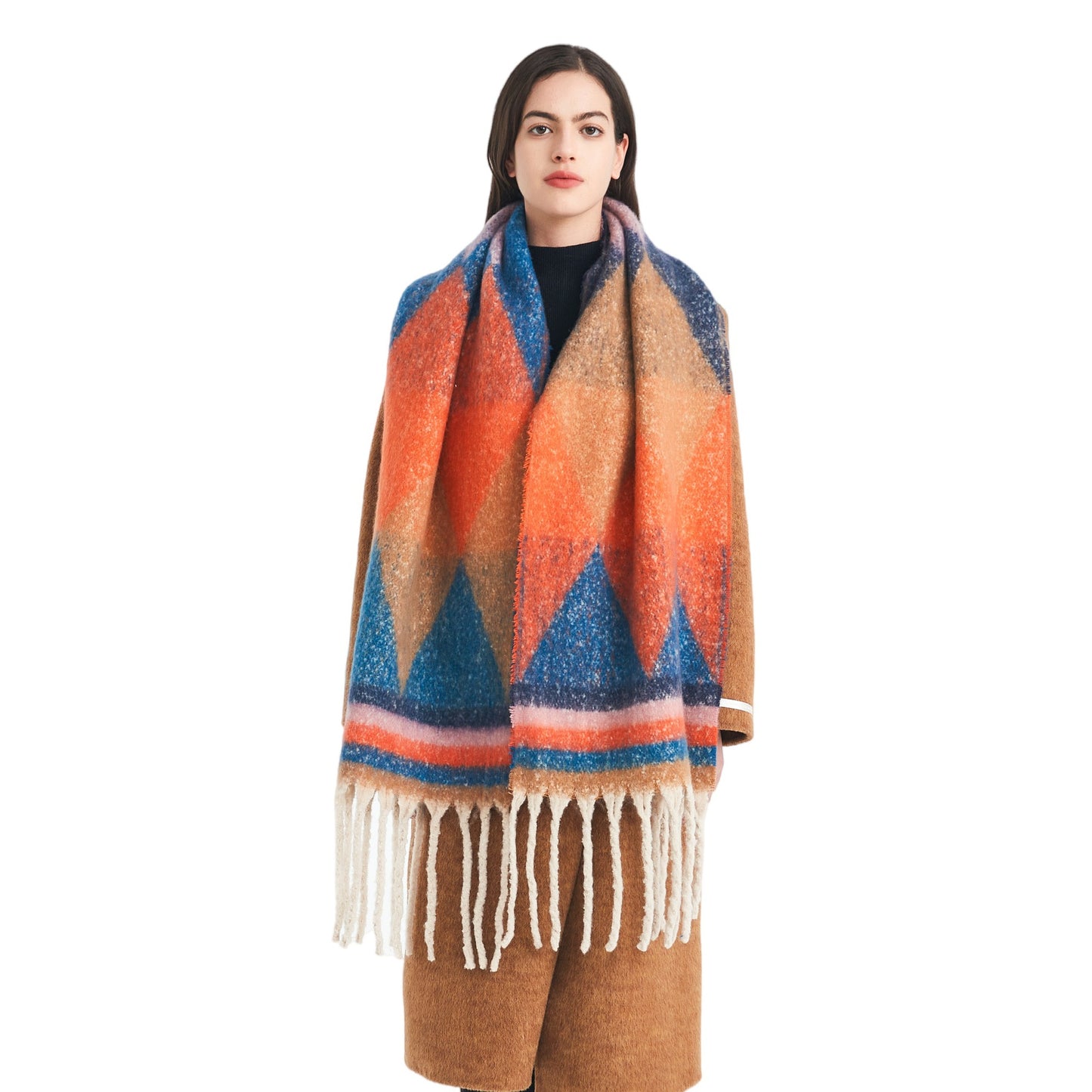 2025 new European, American autumn and winter circle yarn jacquard triangular fringed scarf