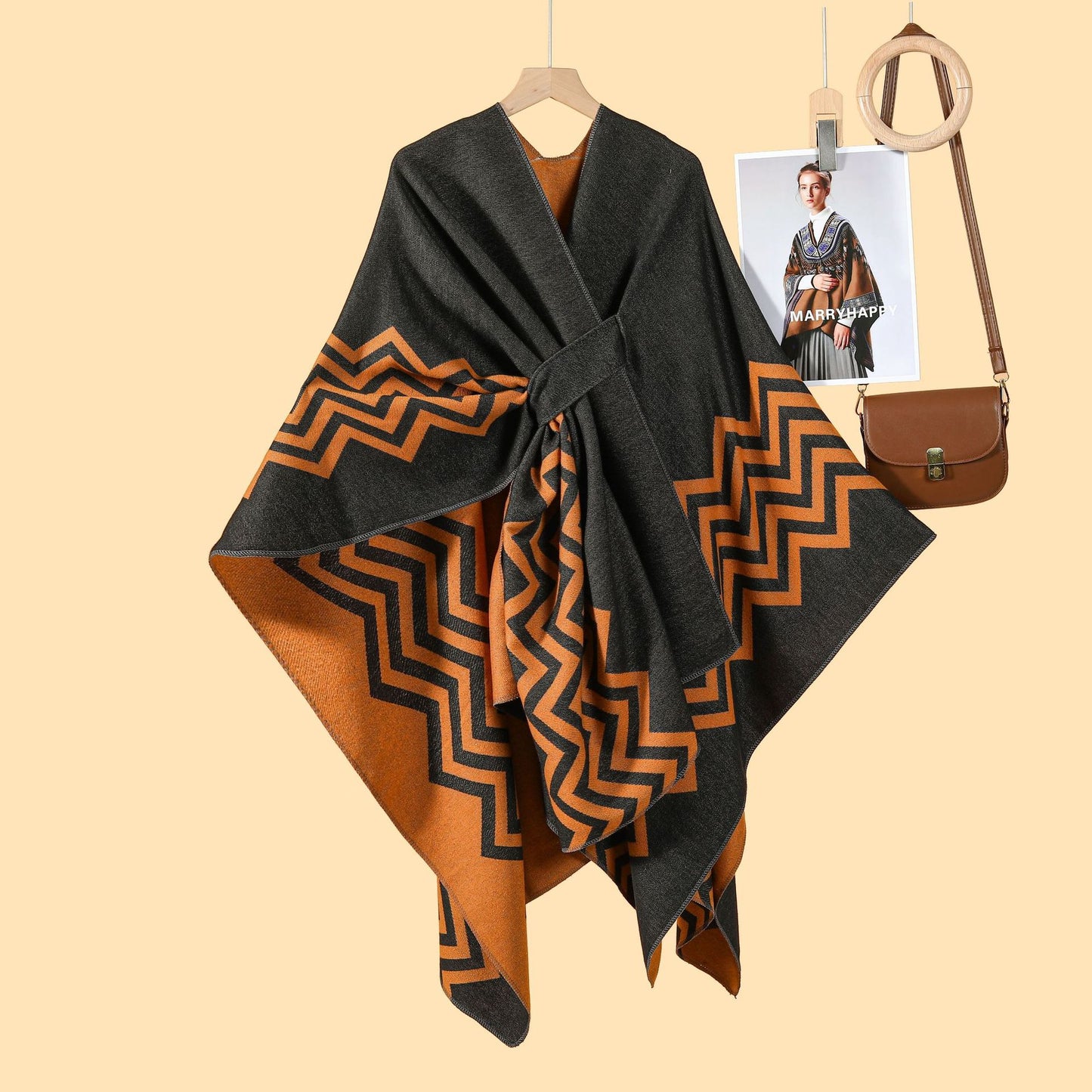 New Women's Wave Pattern Split Shawl Cardigan Multifunctional Autumn and Winter Straps Cloak Shawl New