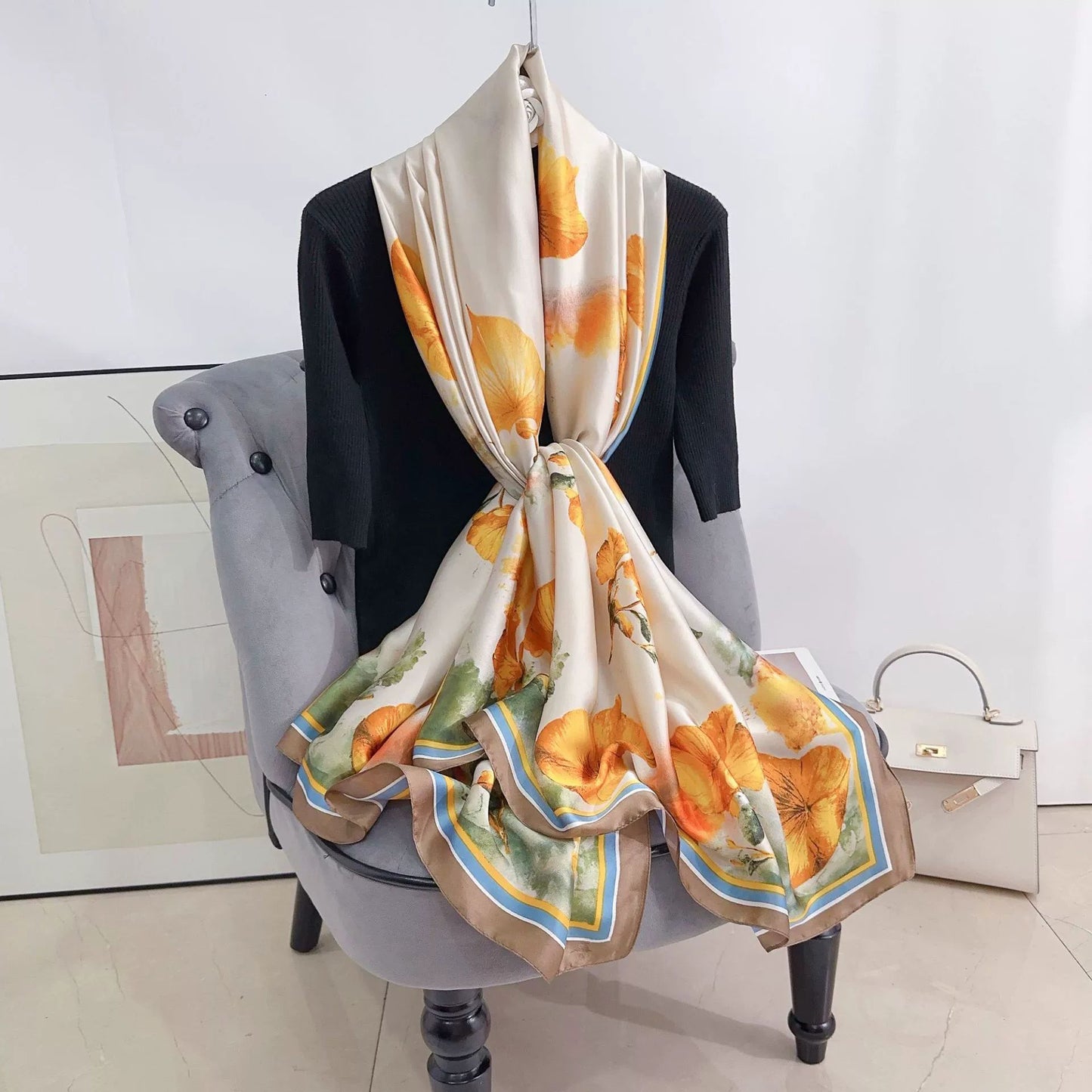 Stylish and elegant plant flower flower print long silk scarf, sweet and fresh literary girl with shawl