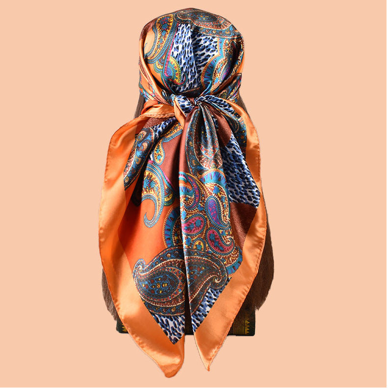 2025 new 90cm-color diced cashew nut leopard print square scarf with sunscreen, head silk scarf decorative scarf