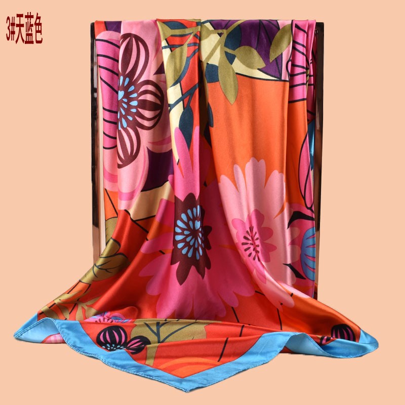 2025 new 90cm-satin cartoon large flower printing square scarf with sunscreen bag head silk scarf decorative scarf