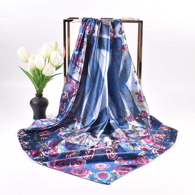 Autumn and winter new 90 high-end rose square scarf versatile retro printing women's 90-color diced imitation silk