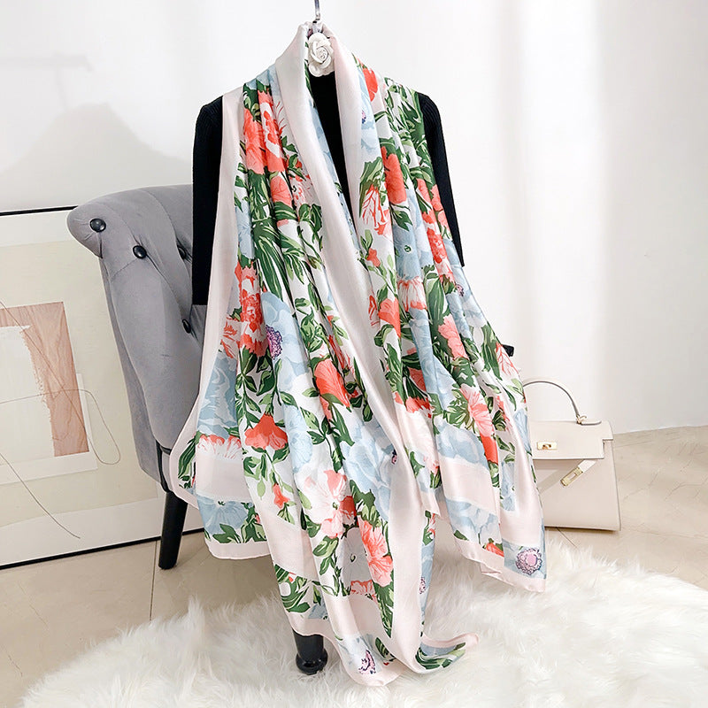Stylish and elegant plant flower flower print long silk scarf, sweet and fresh literary girl with shawl