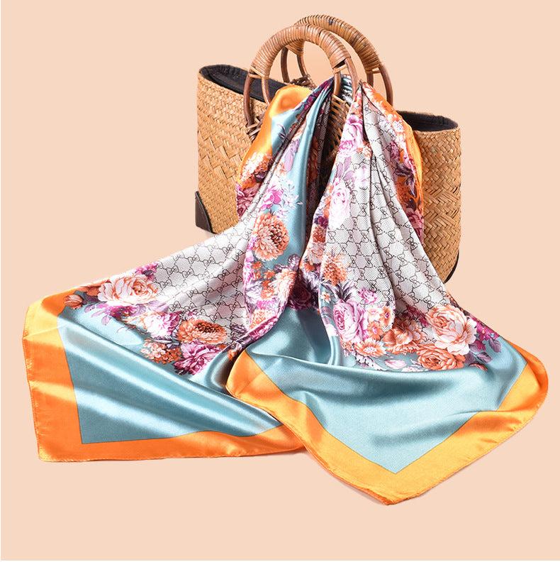 Spring and summer scarf temperament floral printing versatile decorative scarf headscarf silk scarf 90 high-quality satin square scarf