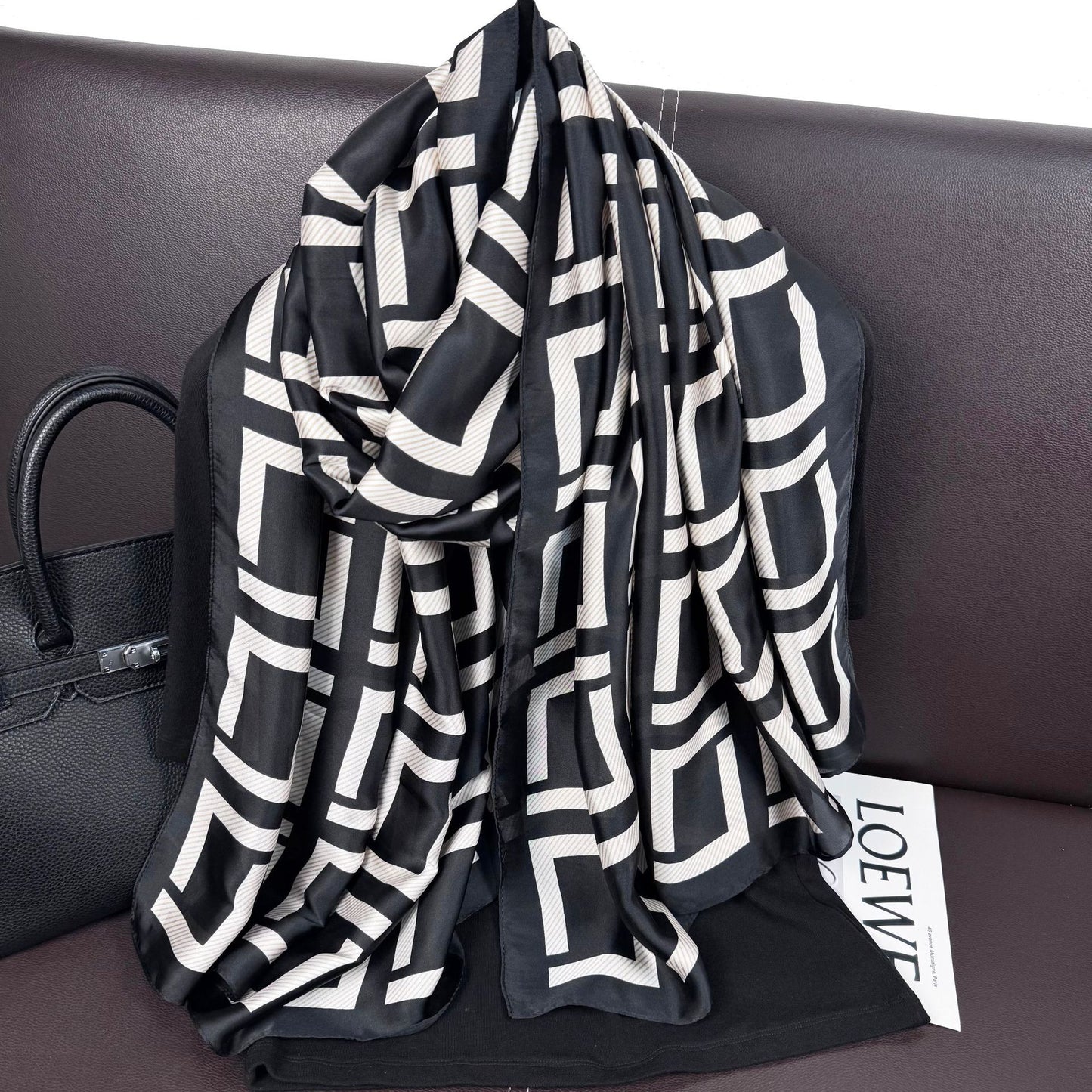 Simple classic black and white square simulation silk long silk scarf, Korean version of fashionable and versatile outer shawl, women's scarf headscarf