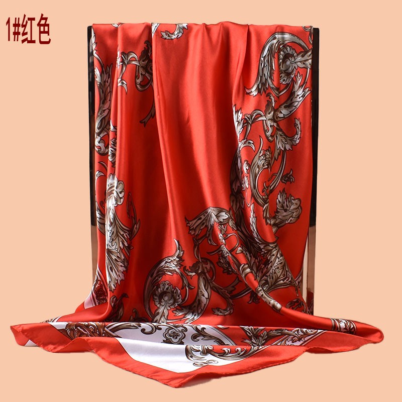 2025 new 90cm-satin flower vine printed square scarf with sunscreen, head silk scarf decorative scarf