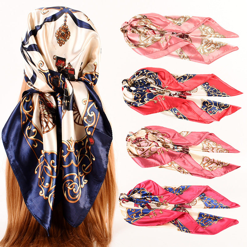 European and American spring new retro carriage simulation silk satin printed silk scarf, fashionable women's scarf