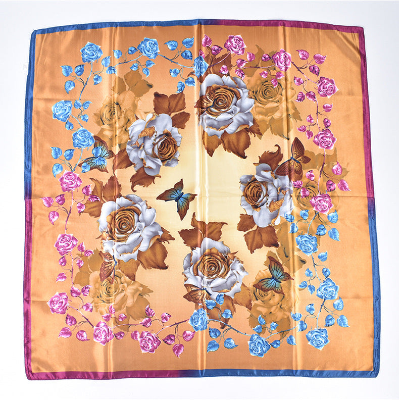 New fashionable versatile crystal rose pattern printing high-quality 90 * 90 satin square towel