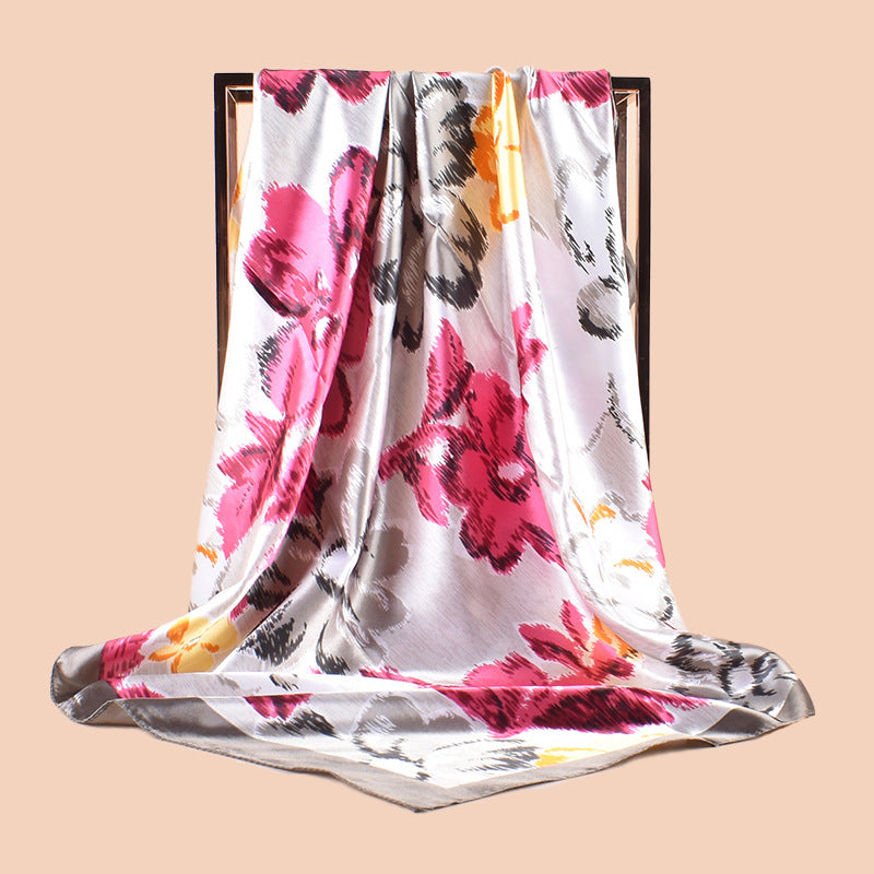 Spring new fashionable versatile large shawl imitation silk flower printing silk scarf head scarf 90-color square scarf