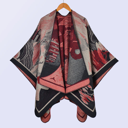 Ethnic style retro photo big shawl lady autumn and winter travel out photo camping warm outside with atmosphere cape