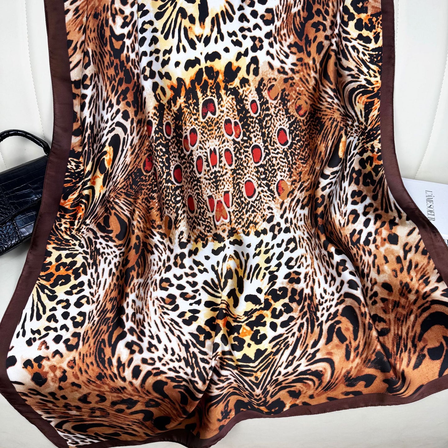European and American fashion color leopard print brocade long silk scarf, spring, summer and autumn travel vacation sunscreen shawl scarf