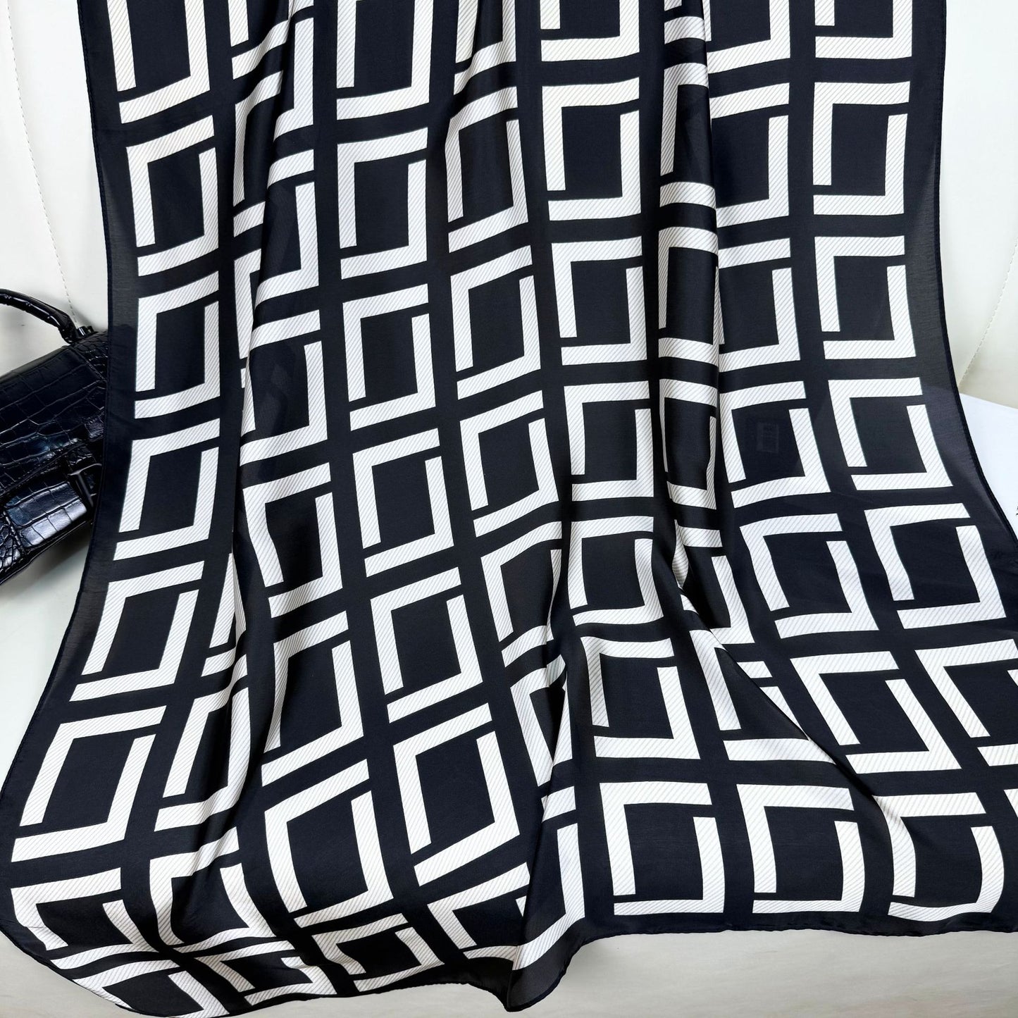 Simple classic black and white square simulation silk long silk scarf, Korean version of fashionable and versatile outer shawl, women's scarf headscarf