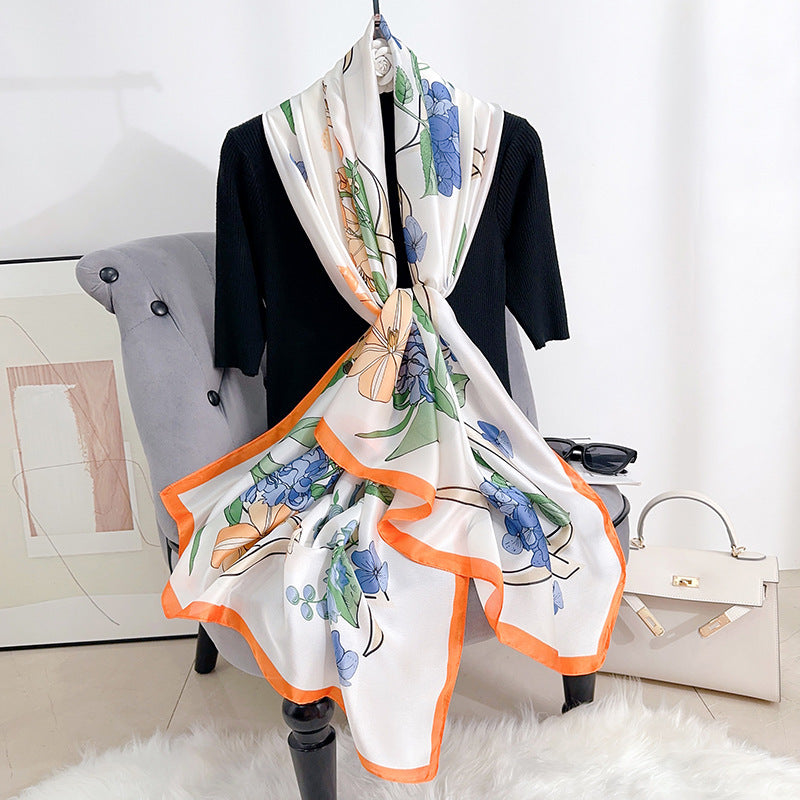 Stylish and elegant plant flower flower print long silk scarf, sweet and fresh literary girl with shawl