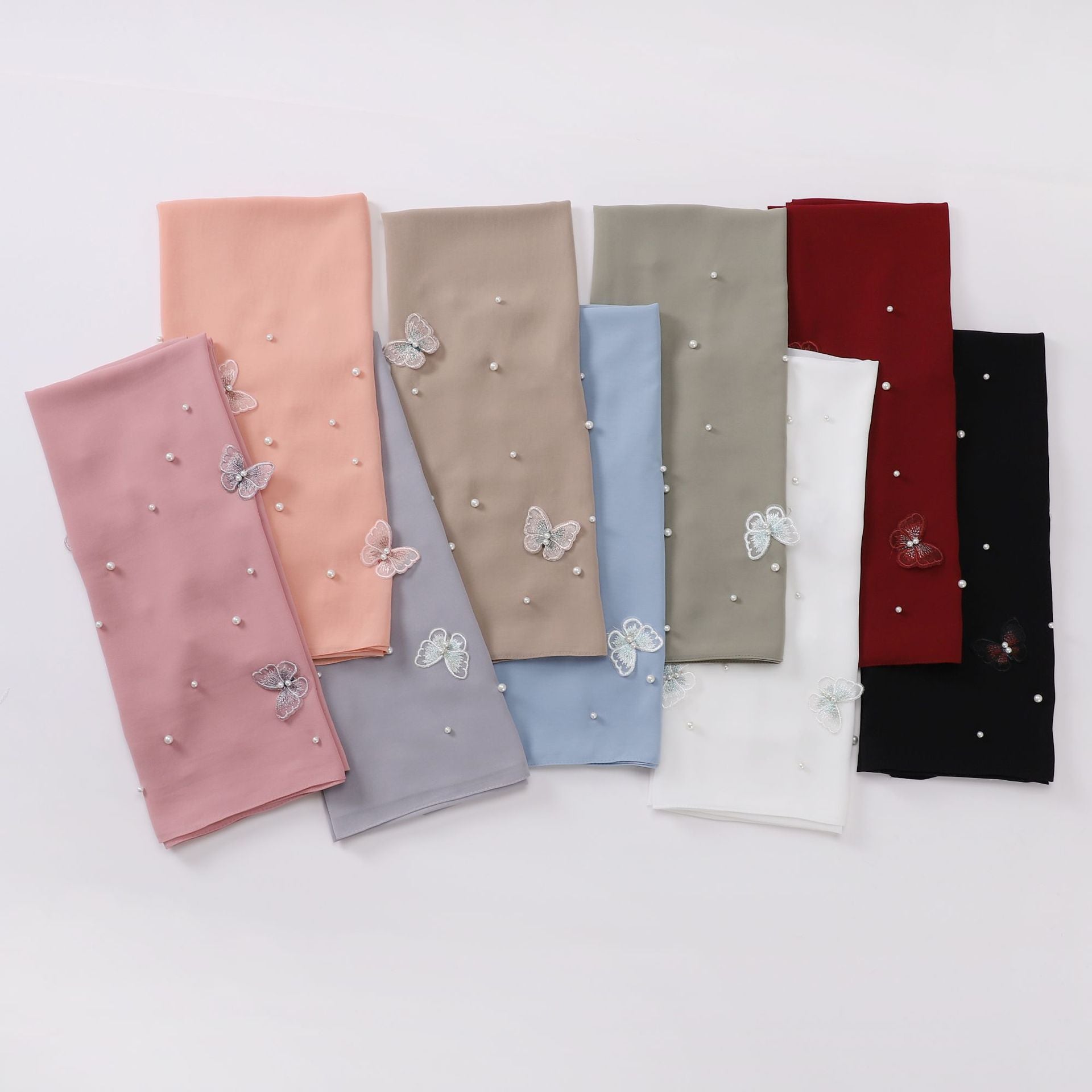 Pearl chiffon three-dimensional butterfly flower bead scarf gauze Malaysian headscarf