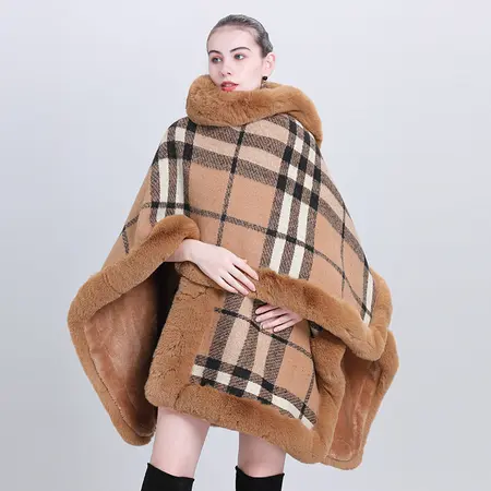 Plaid Knit Hooded Poncho detail