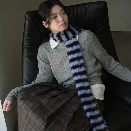 Faux Mink Striped Knit Vintage Scarf Shawl – 200 × 10 cm detail