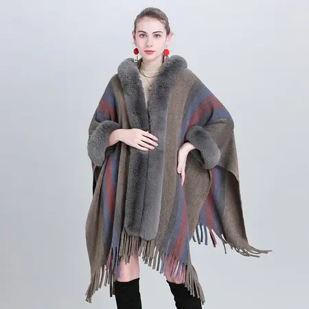 Striped Knit Fringed Hooded Poncho