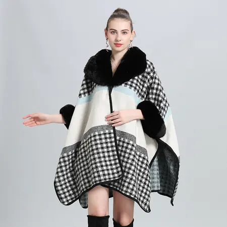 Faux Fur Jacquard Knit Poncho detail