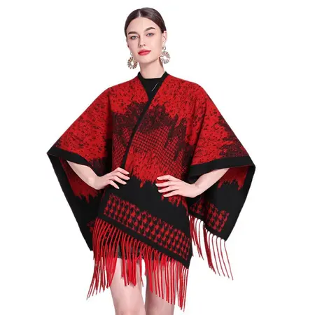 Plaid Knit Fringed Vintage Poncho detail