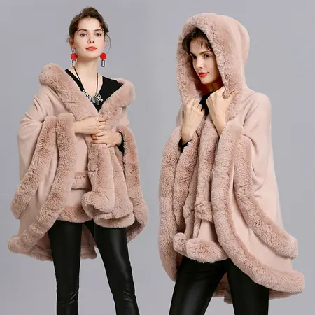 Faux Fur Knit Hooded Poncho detail