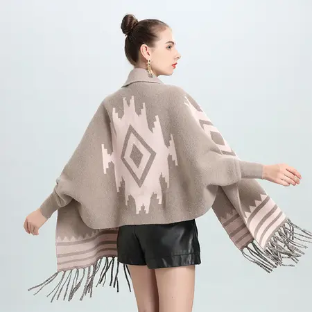 Striped Knit Fringed Poncho detail
