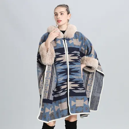 Faux Fur Jacquard Knit Poncho detail