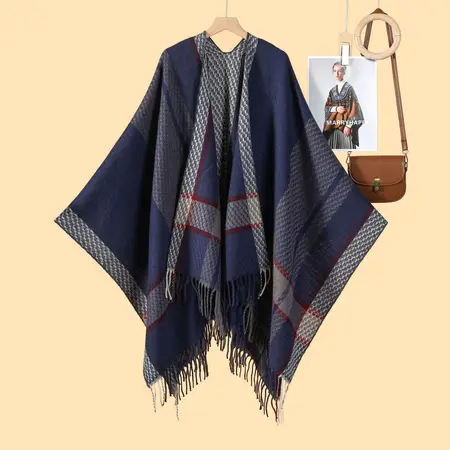 Faux Cashmere Striped Knit Fringed Poncho – 130 × 150 cm detail