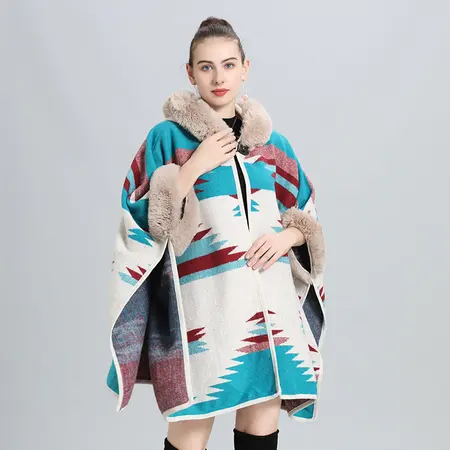 Faux Fur Jacquard Knit Poncho detail