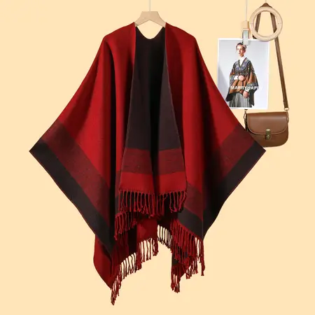 Women's Fringed Poncho – 130 × 150 cm
