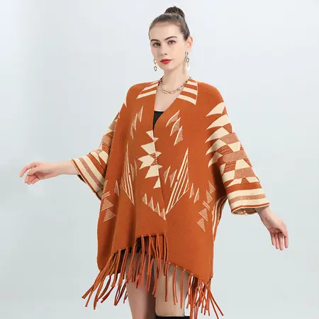 Jacquard Knit Fringed Poncho detail