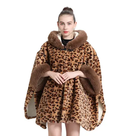Leopard Print Knit Fringed Poncho detail