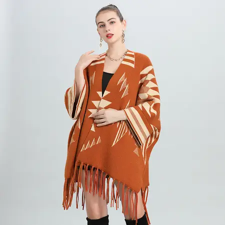 Jacquard Knit Fringed Poncho