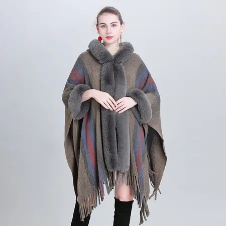 Striped Knit Fringed Hooded Poncho detail