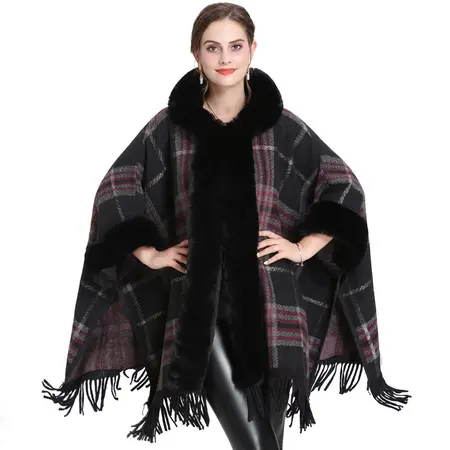 Faux Fur Knit Fringed Hooded Poncho – 80 × 180cm detail