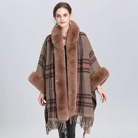 Plaid Knit Fringed Hooded Poncho detail