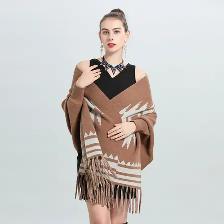 Striped Knit Fringed Poncho detail