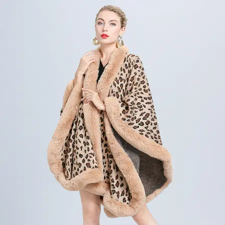 Faux Fur Leopard Print Jacquard Knit Poncho – 80 × 180cm