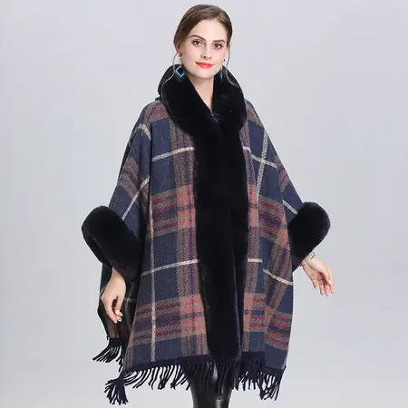 Plaid Knit Fringed Hooded Poncho detail