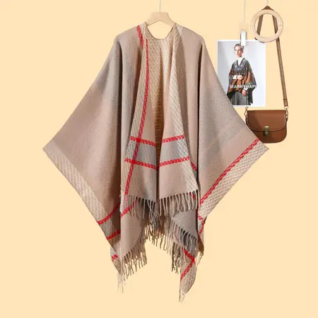 Faux Cashmere Striped Knit Fringed Poncho – 130 × 150 cm detail