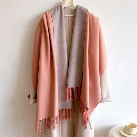 Unisex Faux Cashmere Solid Color Fringed Reversible Scarf Shawl – 200 × 65 cm detail