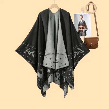 Women's Faux Cashmere Fringed Reversible Poncho – 130 × 150 cm detail