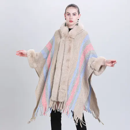 Striped Knit Fringed Hooded Poncho detail
