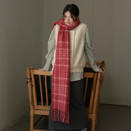 Women's 40% Wool Plaid Vintage Scarf Shawl – 230 × 35 cm