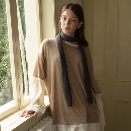 Women's Wool Solid Color Knit Narrow Scarf – 170 × 10 cm detail
